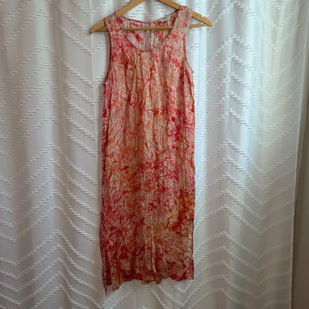 EDUN Pink Orange Marble Tie Dye 100% Silk Sleeveless Midi Shift Dress Size 2 USA